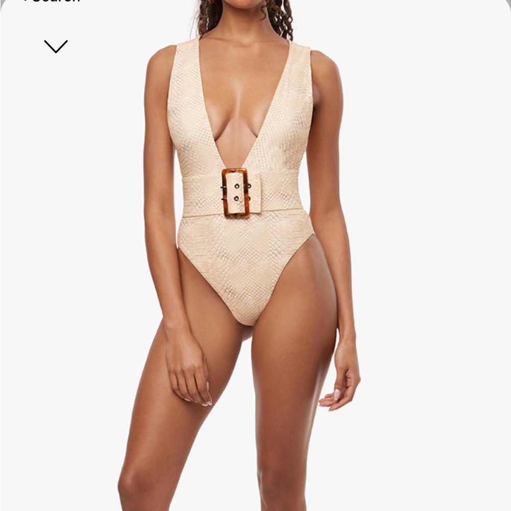 WEWOREWHAT BELTED PLUNGE SNAKE SKIN ONE PIECE IN TAN, SIZE SMALL